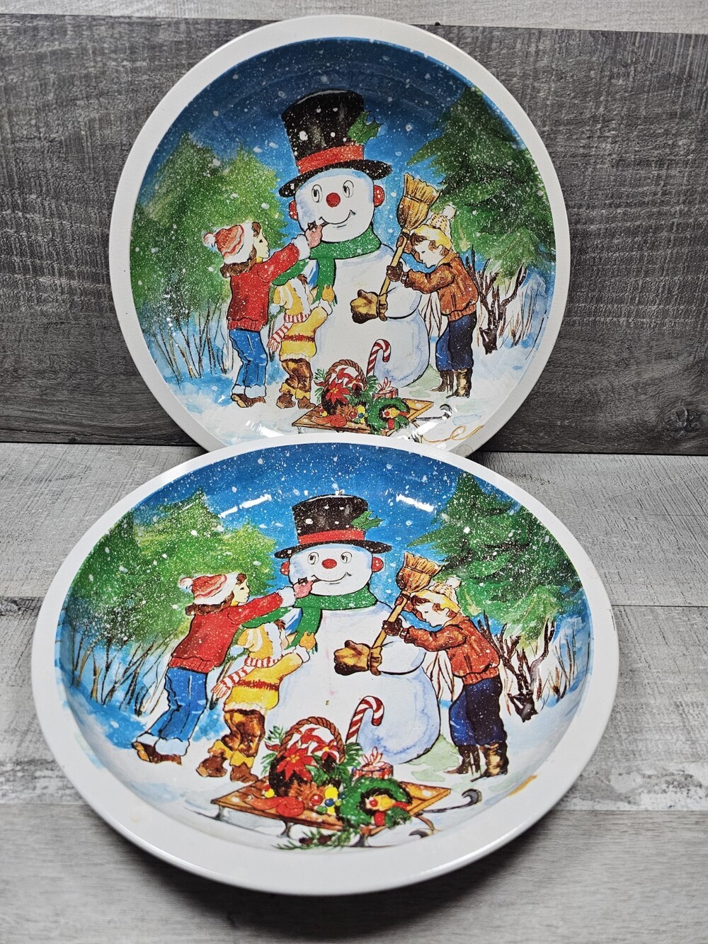 VTG 10.25" Metal Christmas Tray FROSTY Snowman MCM Granny Core Kitsch Lot Of 2